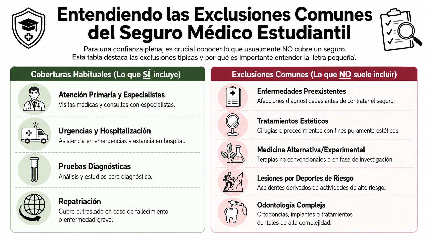 Seguro médico estudiante España qué cubre: todo para tu 4 Tabla comparativa de coberturas y exclusiones comunes en los planes de seguro médico para estudiantes internacionales.