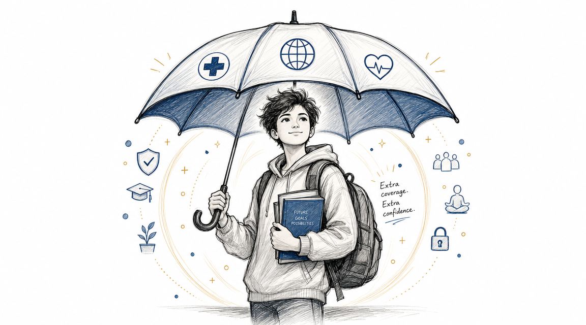 Seguro médico estudiante España qué cubre: todo para tu 3 Estudiante joven protegido bajo un paraguas con iconos que representan salud, educación y seguridad personal.