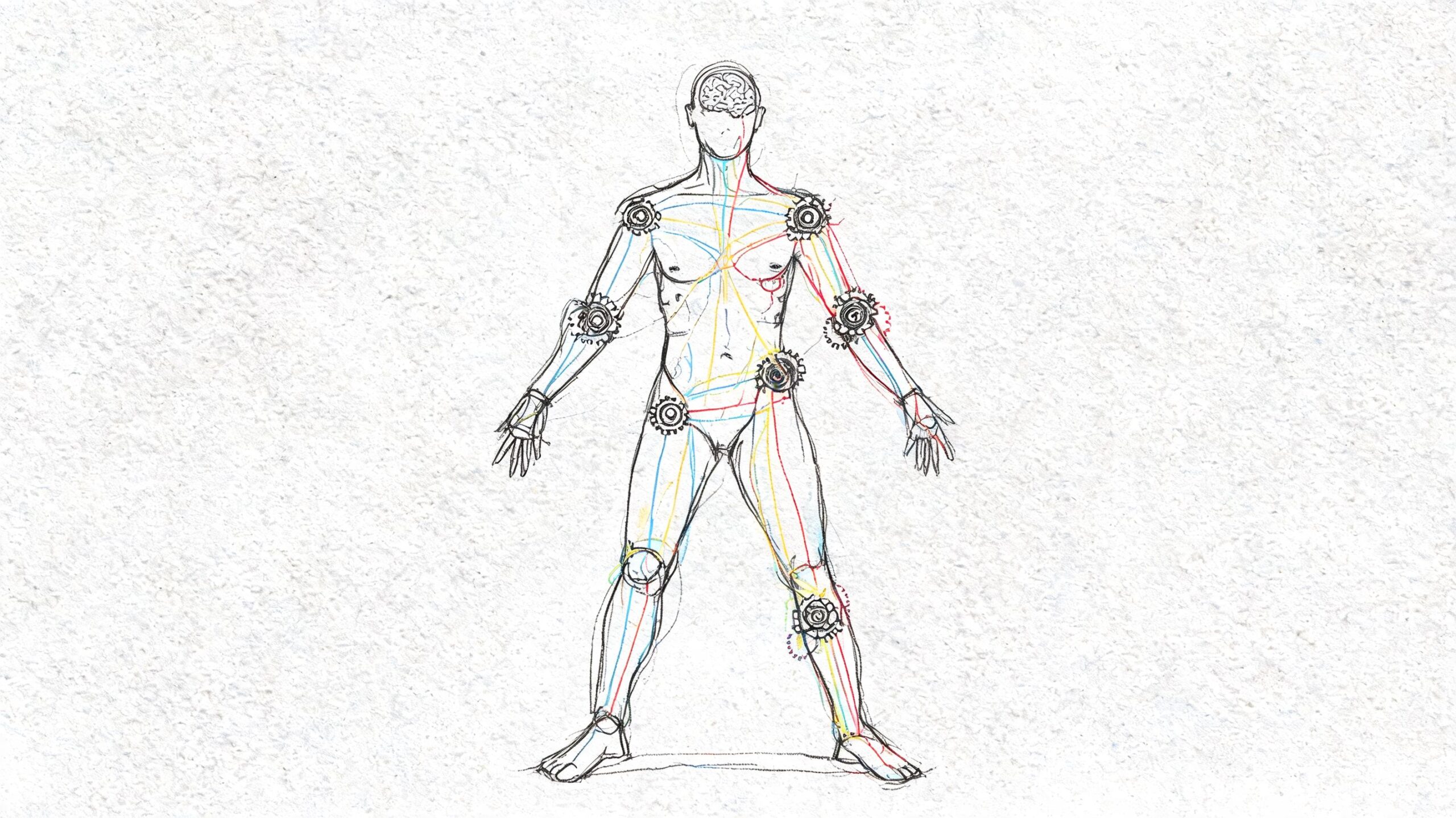 La osteopatia que es y para que sirve: Guía Completa 2026 1 Ilustración esquemática del cuerpo humano mostrando conexiones nerviosas y articulaciones mediante un sistema de engranajes mecánicos.