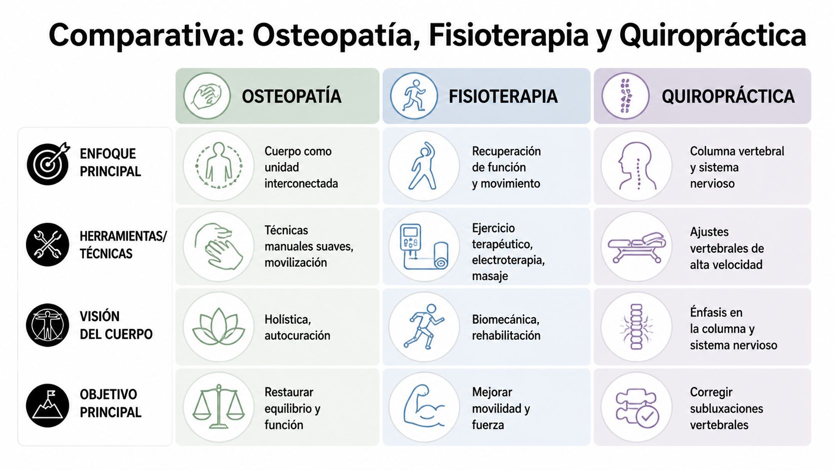 La osteopatia que es y para que sirve: Guía Completa 2026 3 Tabla comparativa detallada sobre las diferencias fundamentales entre osteopatía, fisioterapia y quiropráctica, mostrando sus objetivos y enfoques.