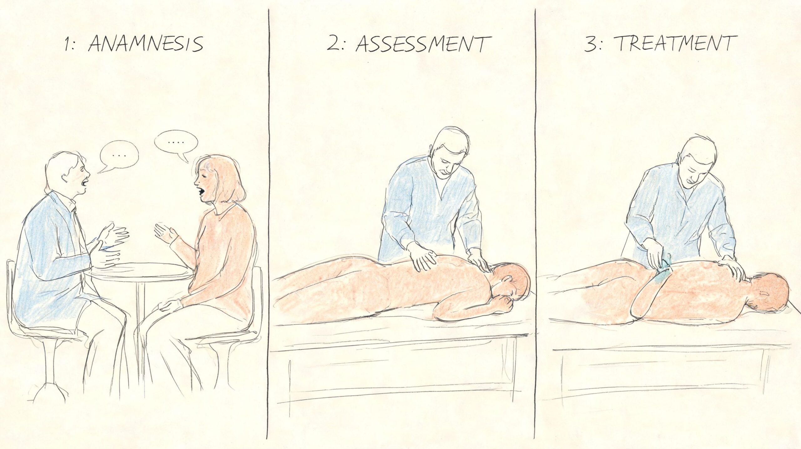 La osteopatia que es y para que sirve: Guía Completa 2026 4 Ilustración que muestra los tres pasos fundamentales de una sesión de osteopatía: anamnesis, evaluación y tratamiento físico.