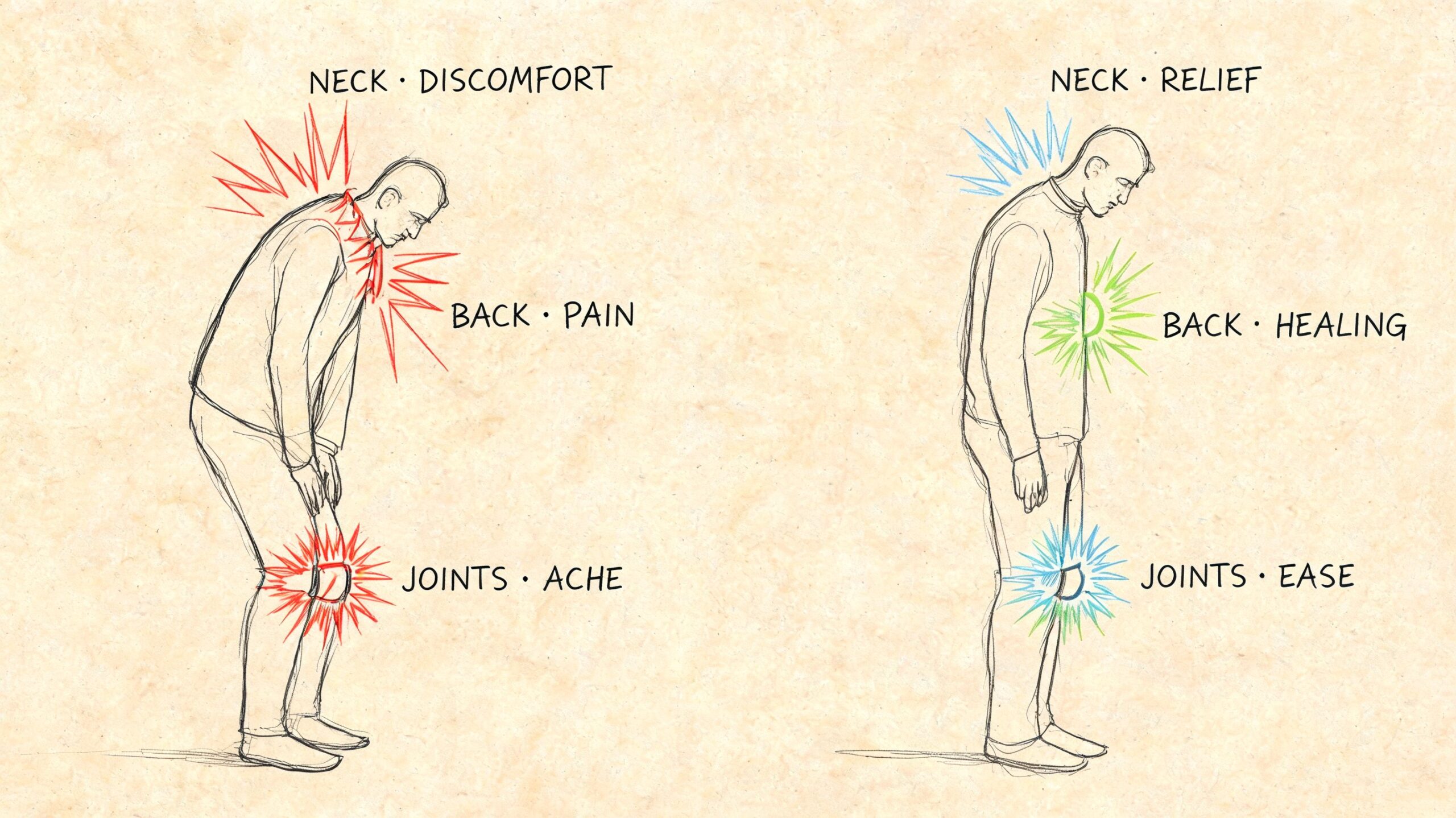 La osteopatia que es y para que sirve: Guía Completa 2026 2 Representación comparativa de un cuerpo humano mostrando alivio de dolores articulares, de espalda y de cuello.