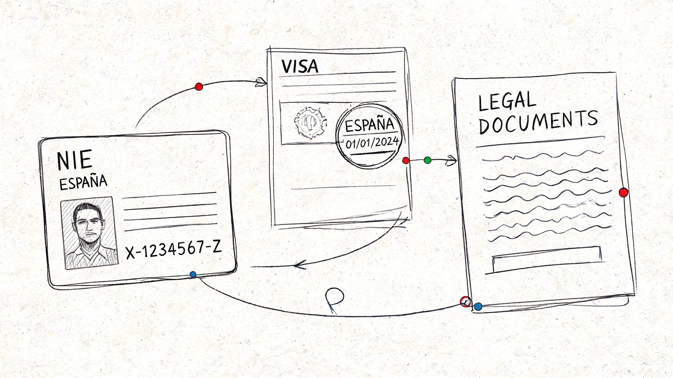Que seguro de salud es mejor para visado España 2026 1 Esquema ilustrado mostrando la conexión entre el documento NIE, una visa española y diversos documentos legales requeridos.