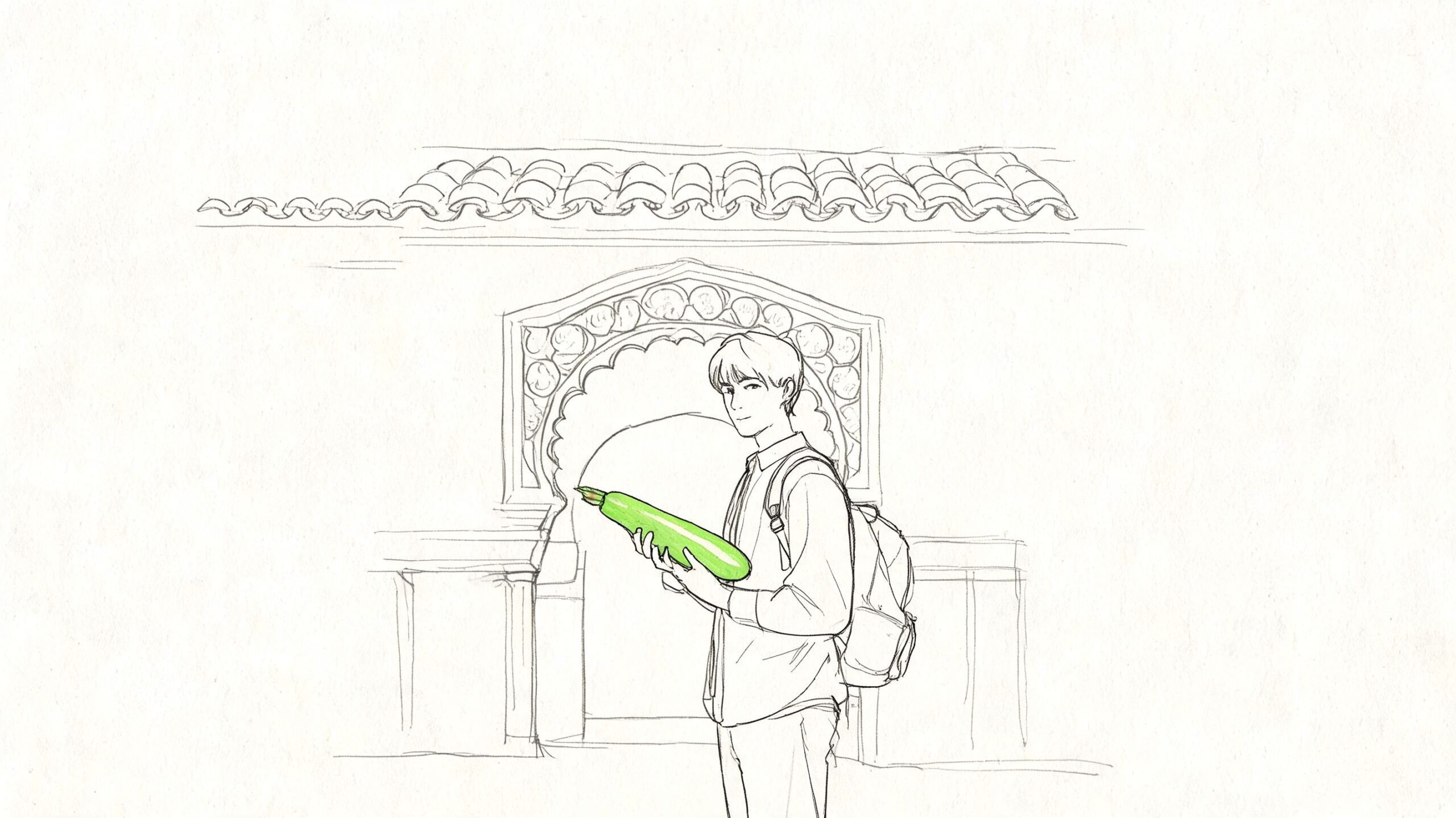 Conoce los beneficios del calabacin para tu salud en 2026 1 Un joven estudiante cargando un calabacín fresco frente a un arco arquitectónico detallado en un dibujo artístico.