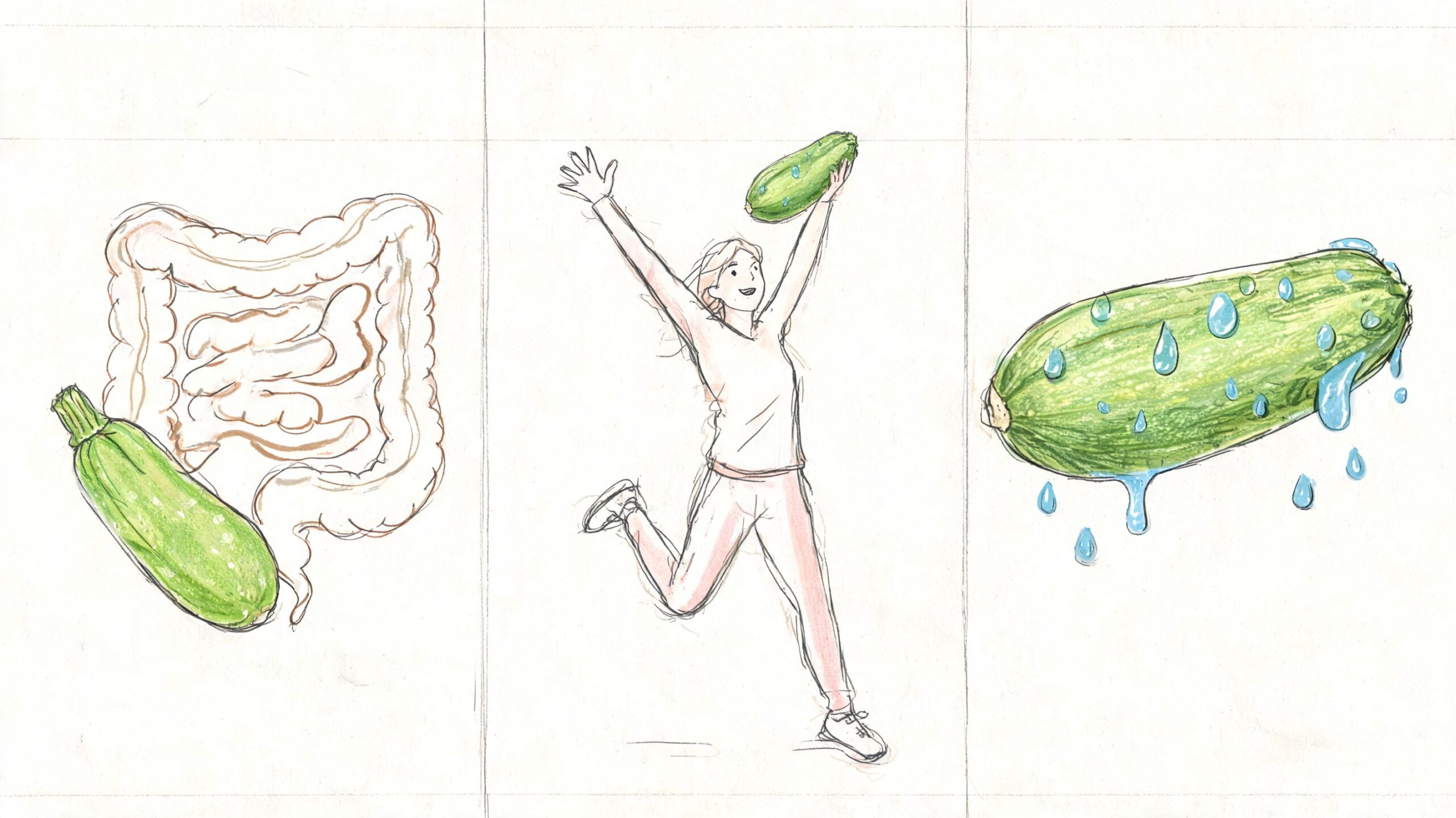 Conoce los beneficios del calabacin para tu salud en 2026 3 Una ilustración dividida en tres paneles mostrando beneficios digestivos, vitalidad y frescura del calabacín para la salud.