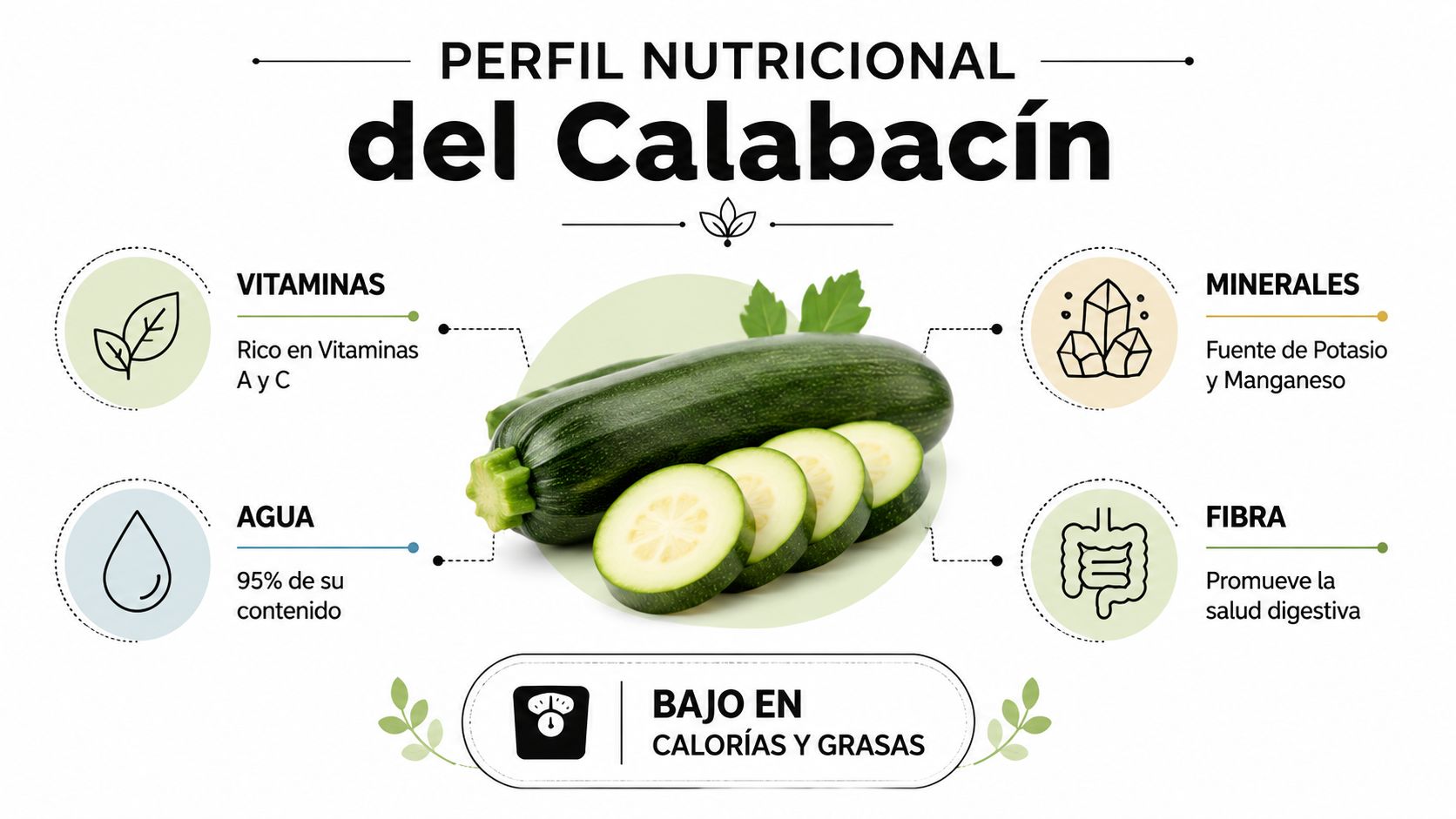 Conoce los beneficios del calabacin para tu salud en 2026 2 Infografía sobre el perfil nutricional del calabacín, resaltando sus vitaminas, minerales, contenido de agua y fibra.